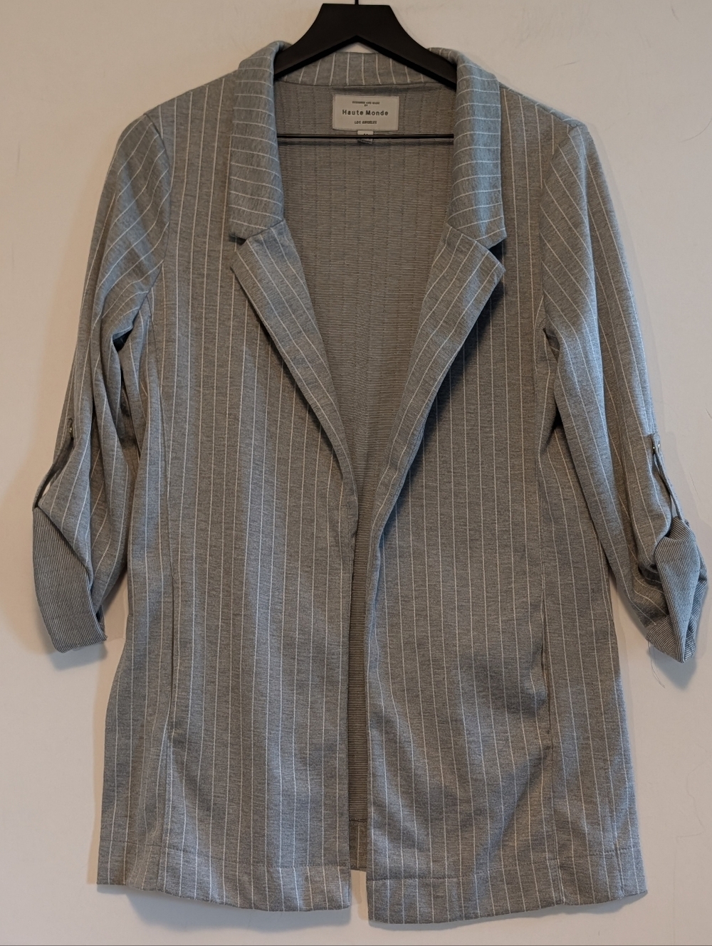 Haute Monde Los Angeles Gray Pinstripe Open Front Blazer Jacket Medium Staple